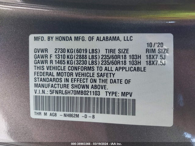 Honda Odyssey Ex-l 2021 5FNRL6H70MB021103 Image 9