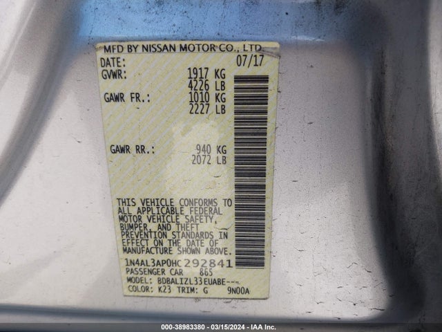 Nissan Altima 2.5 Sv 2017 1N4AL3AP0HC292841 Image 9