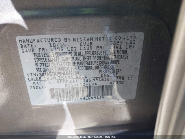 Nissan SENTRA SV 2017 3N1AB7AP9HL649154 Image 9