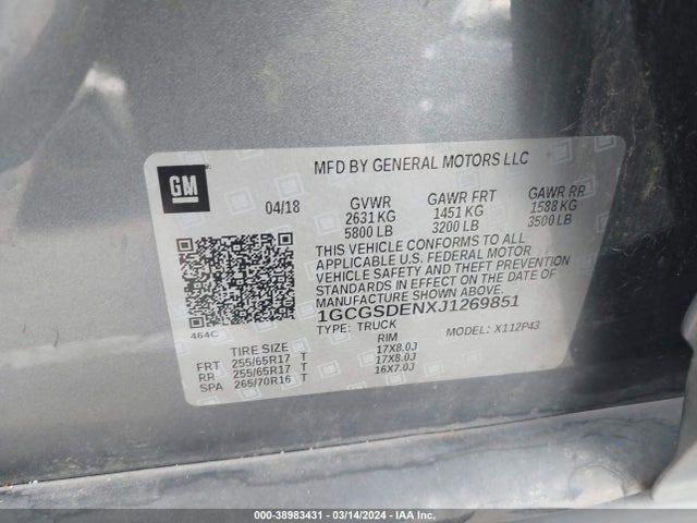 Aukcja sprzedaży 2018 Chevrolet Colorado Z71, vin: 1GCGSDENXJ1269851, numer aukcji: 38983431