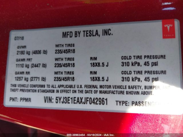5YJ3E1EAXJF042961 Tesla Model 3 Long Range/mid Range