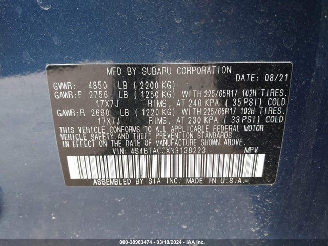 Subaru Outback Premium 2022 4S4BTACCXN3138223 Image 9