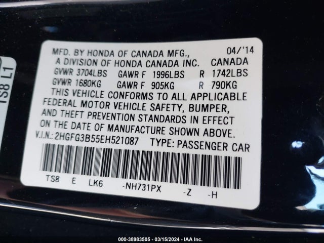 Honda Civic Lx 2014 2HGFG3B55EH521087 Image 9