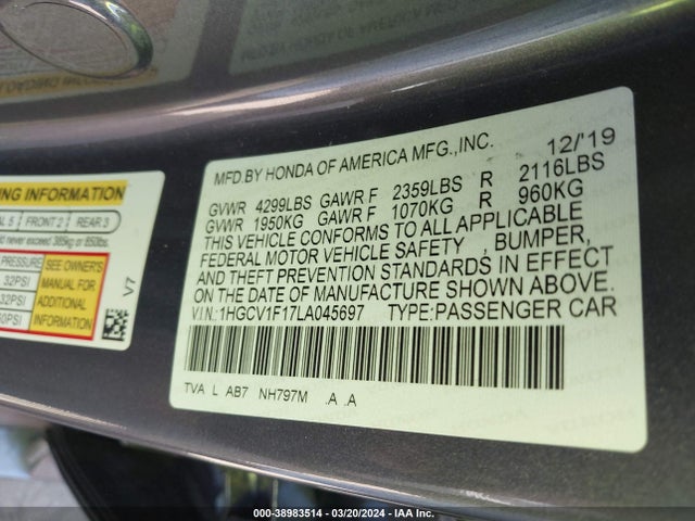 Honda ACCORD LX 2020 1HGCV1F17LA045697 Image 9