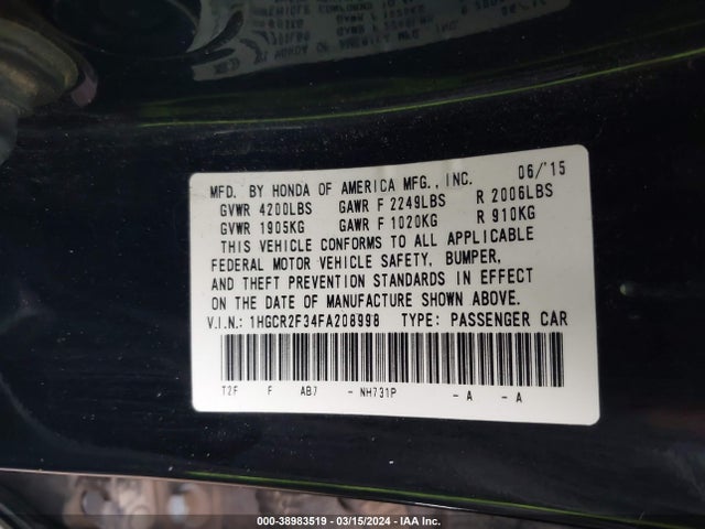 Honda ACCORD LX 2015 1HGCR2F34FA208998 Image 9