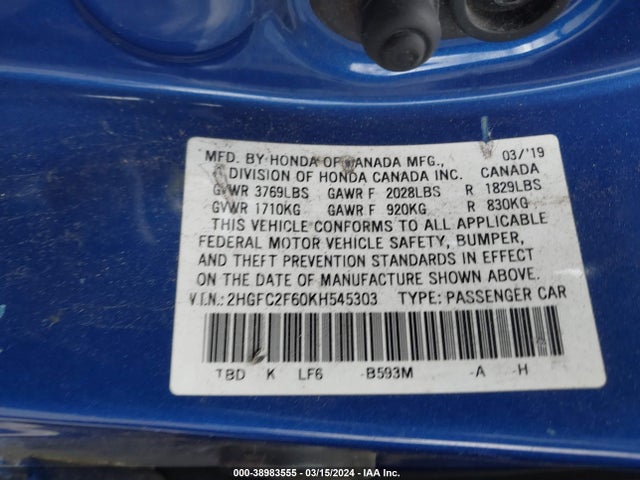 Honda Civic Lx 2019 2HGFC2F60KH545303 Image 9