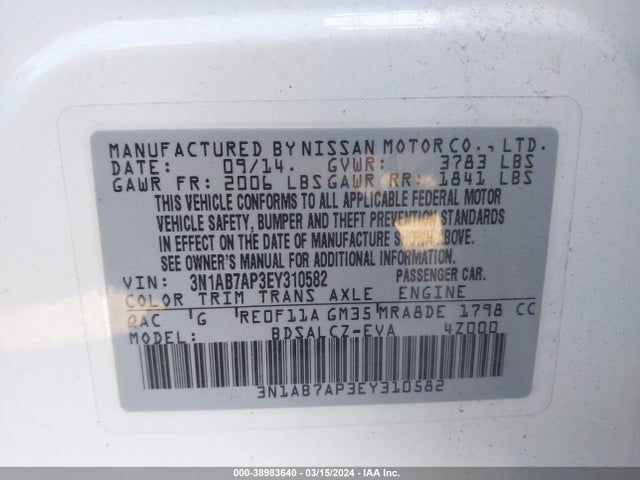 Nissan SENTRA S 2014 3N1AB7AP3EY310582 Image 9