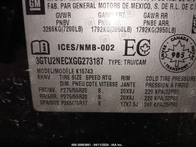 3GTU2NECXGG273187 GMC Sierra 1500 Slt