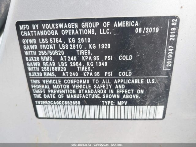 1V2ER2CA0KC582659 Volkswagen Atlas 3.6l V6 Sel