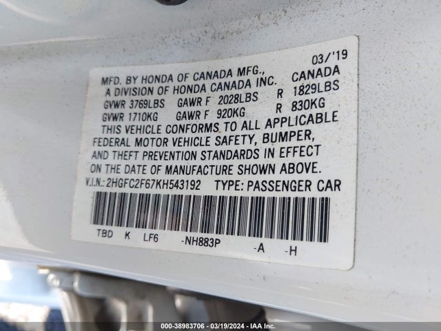 Honda Civic Lx 2019 2HGFC2F67KH543192 Image 9
