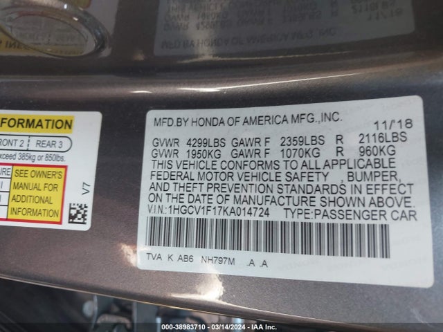 Honda ACCORD LX 2019 1HGCV1F17KA014724 Image 9