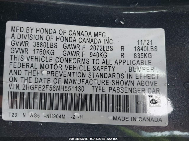 Honda Civic Sport 2022 2HGFE2F56NH551130 Image 9
