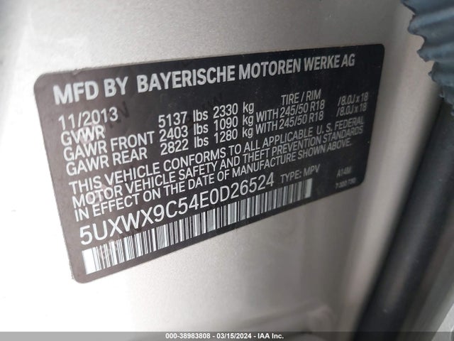BMW X3 Xdrive28i 2014 5UXWX9C54E0D26524 Image 9