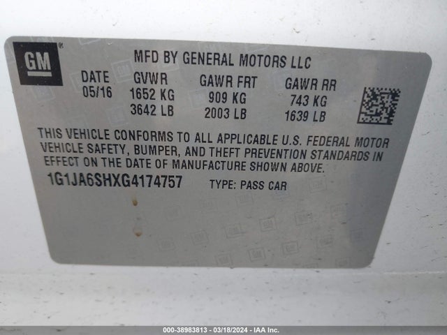 Chevrolet Sonic Ls Auto 2016 1G1JA6SHXG4174757 Image 12