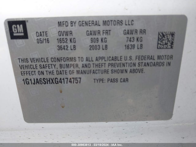 Chevrolet Sonic Ls Auto 2016 1G1JA6SHXG4174757 Image 9