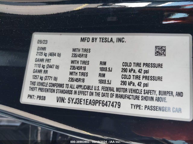 5YJ3E1EA9PF647479 Tesla Model 3 Rear-wheel Drive