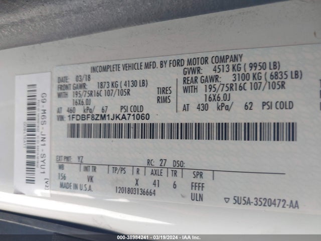 Ford Transit-350 Cab 2018 1FDBF8ZM1JKA71060 Image 9