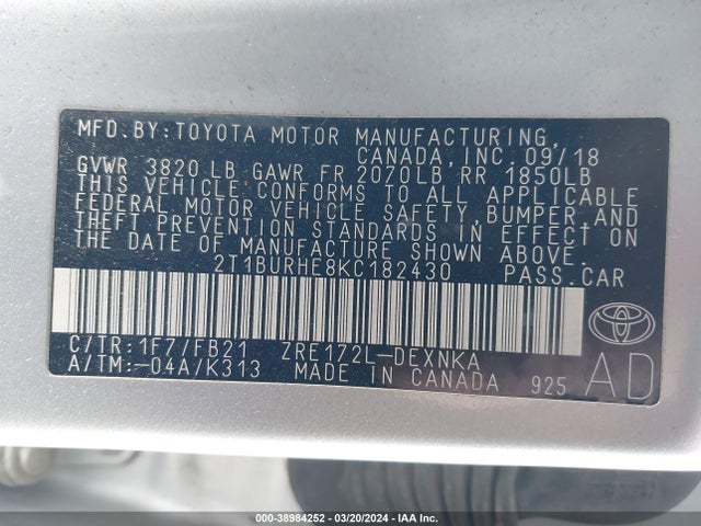 Toyota COROLLA LE 2019 2T1BURHE8KC182430 Image 9