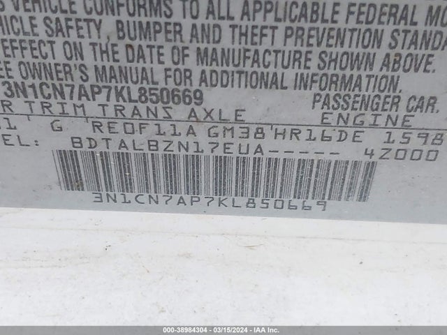 Nissan Versa 1.6 Sv 2019 3N1CN7AP7KL850669 Image 9