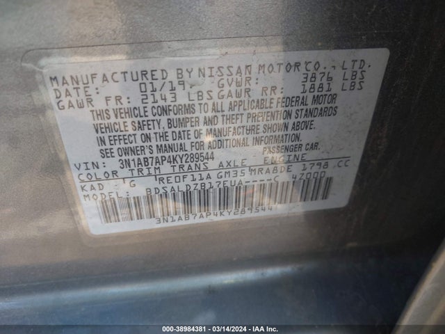 Nissan SENTRA SV 2019 3N1AB7AP4KY289544 Image 9