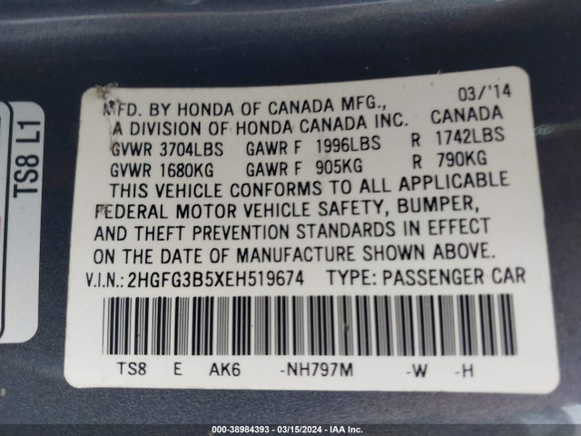 Honda Civic Lx 2014 2HGFG3B5XEH519674 Image 9