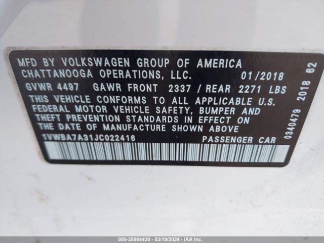 1VWBA7A31JC022416 Volkswagen Passat 2.0t Se
