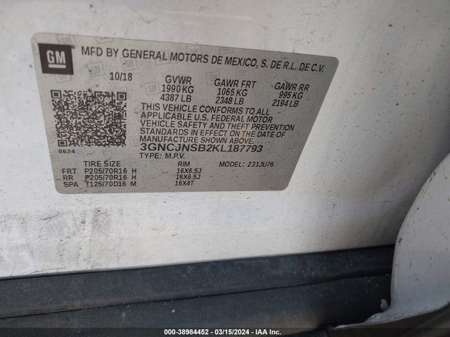 Chevrolet TRAX LS 2019 3GNCJNSB2KL187793 Image 9