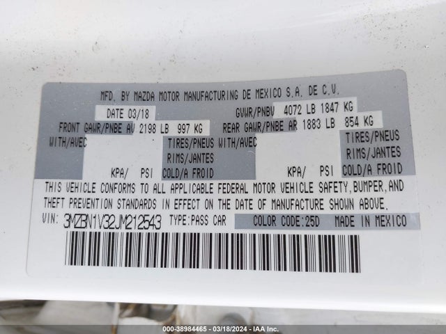 3MZBN1V32JM212543 Mazda Mazda3 Touring