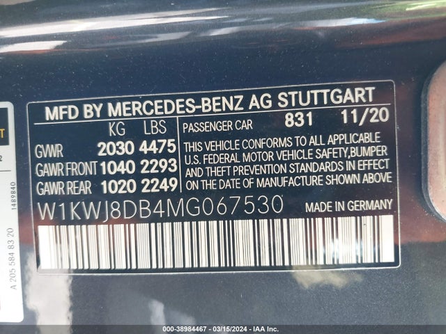 38984467 :رقم المزاد ، W1KWJ8DB4MG067530 vin ، 2021 Mercedes-benz C 300 Coupe مزاد بيع