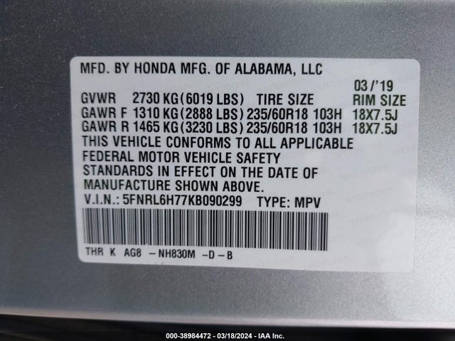 Honda Odyssey Ex-l 2019 5FNRL6H77KB090299 Image 9
