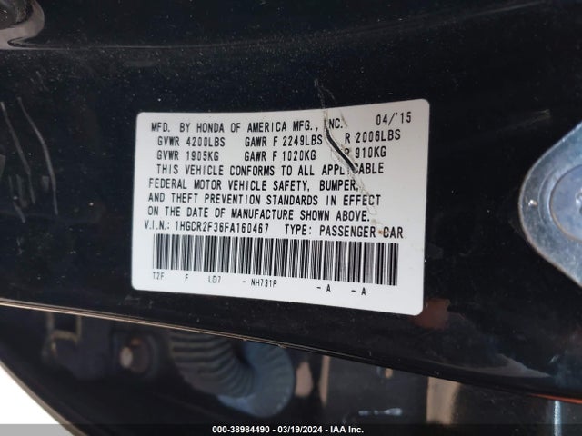 Honda ACCORD LX 2015 1HGCR2F36FA160467 Image 9