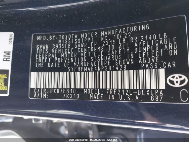 5YFHPMAE4NP381428 Toyota COROLLA LE