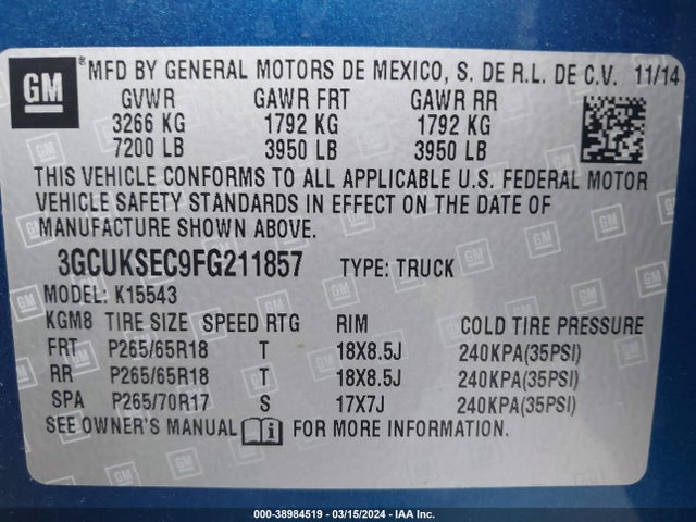 Chevrolet Silverado 1500 2lz 2015 3GCUKSEC9FG211857 Image 9