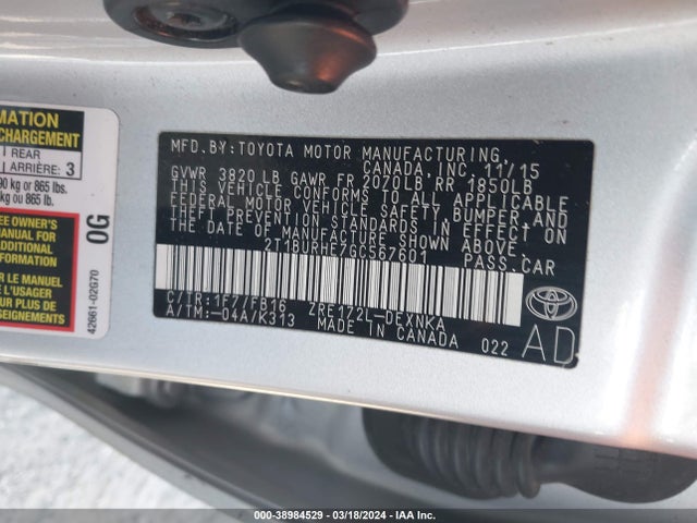 Toyota COROLLA LE 2016 2T1BURHE7GC567601 Image 9