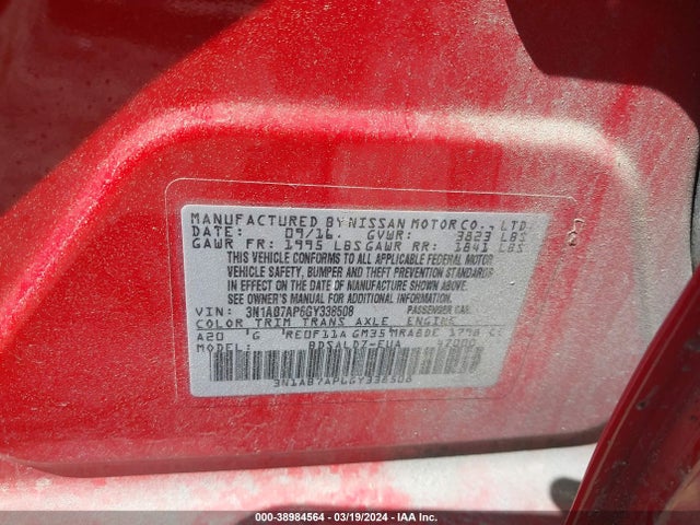 Nissan SENTRA SV 2016 3N1AB7AP6GY338508 Image 9
