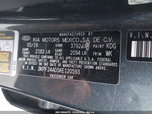 3KPF24AD5KE120593 KIA Forte Lxs