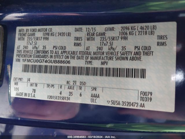 2016 FORD ESCAPE 1FMCU0G74GUB88606 Photo 8