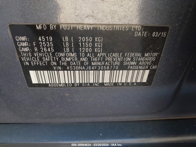 Subaru Legacy 2.5i Limited 2015 4S3BNAJ64F3058770 Image 9