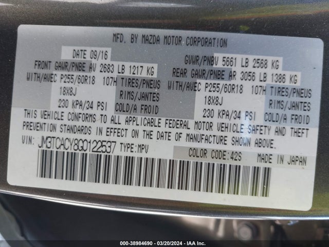 Mazda Cx-9 Touring 2016 JM3TCACY8G0122537 Image 9