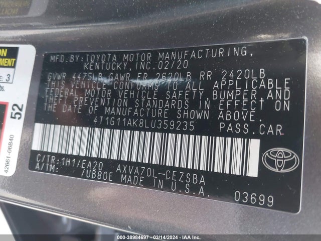 Toyota CAMRY SE 2020 4T1G11AK8LU359235 Image 9