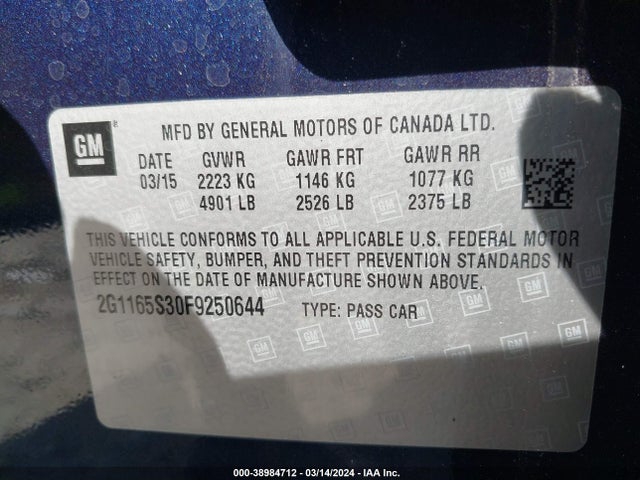 2015 Chevrolet Impala 2lz მანქანა იყიდება აუქციონზე, vin: 2G1165S30F9250644, აუქციონის ნომერი: 38984712