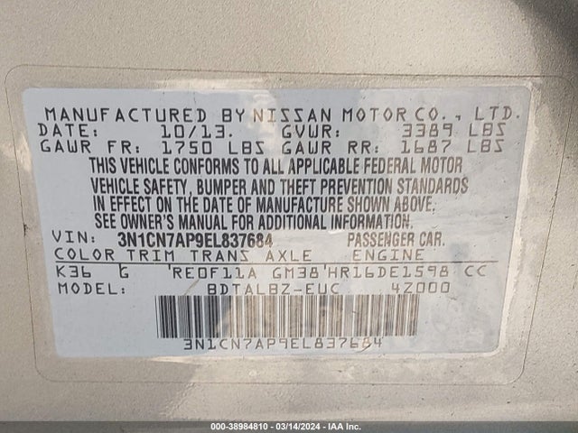 Nissan Versa 1.6 Sv 2014 3N1CN7AP9EL837684 Image 9