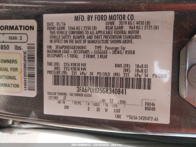Ford FUSION SE 2016 3FA6P0HD5GR340841 Image 9