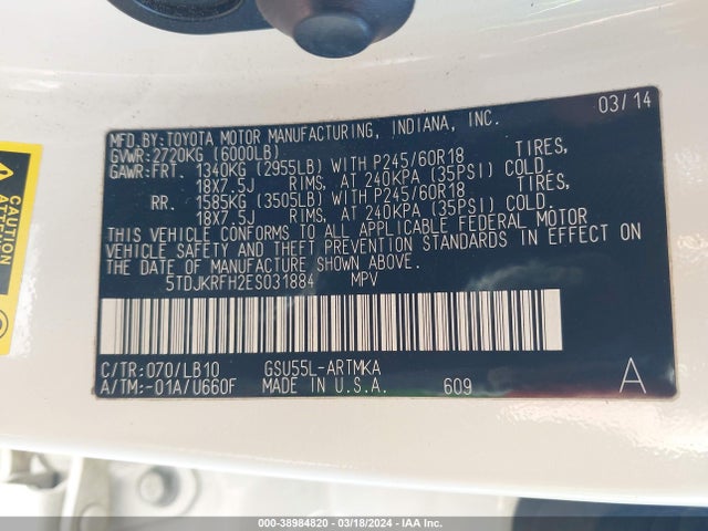 Toyota Highlander Xle V6 2014 5TDJKRFH2ES031884 Image 9