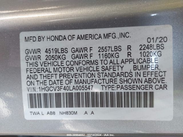 1HGCV3F40LA005547 Honda Accord Hybrid Ex