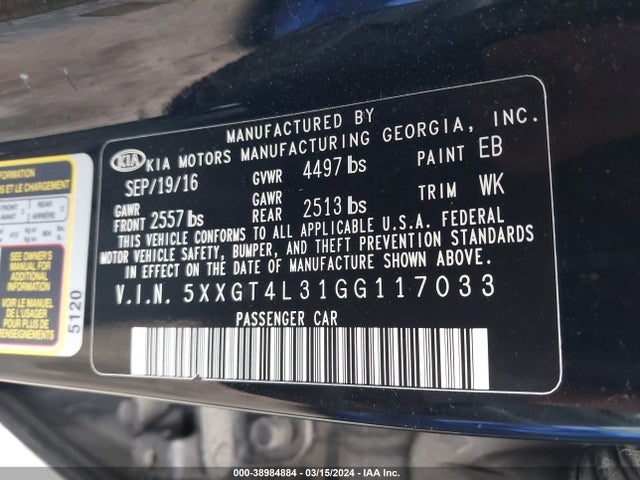 KIA Optima Lx 2016 5XXGT4L31GG117033 Image 9