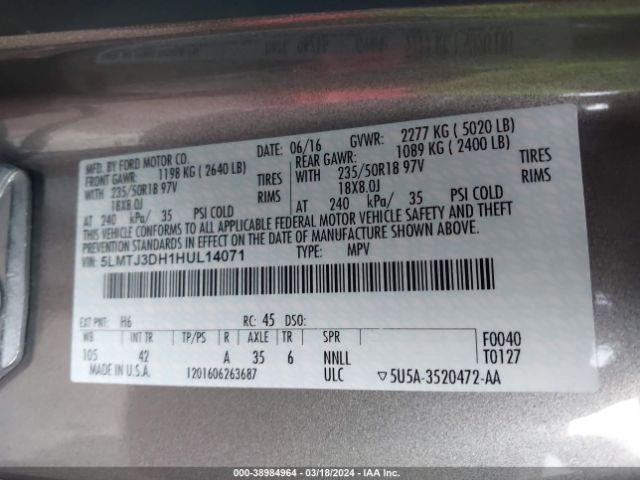 5LMTJ3DH1HUL14071 Lincoln Mkc Reserve