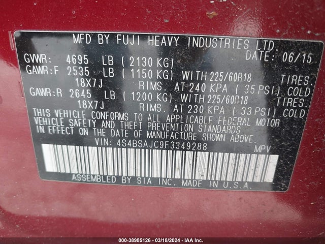 Subaru Outback 2.5i Limited 2015 4S4BSAJC9F3349288 Image 9
