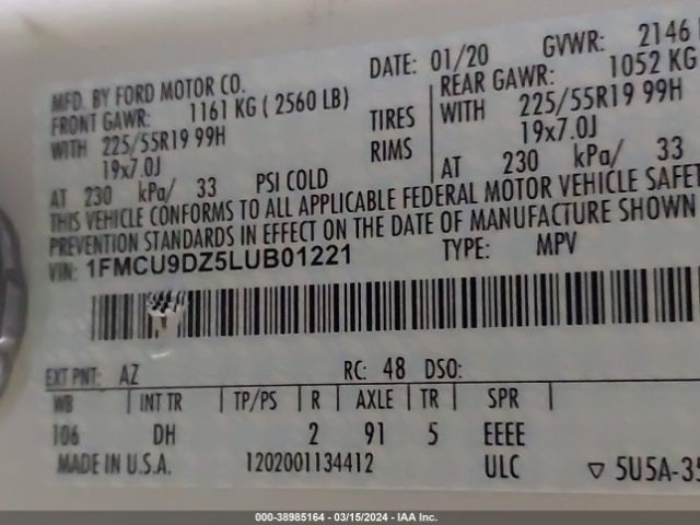 1FMCU9DZ5LUB01221 Ford Escape Titanium Hybrid