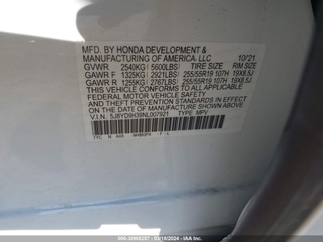 5J8YD9H39NL007921 Acura Mdx Standard
